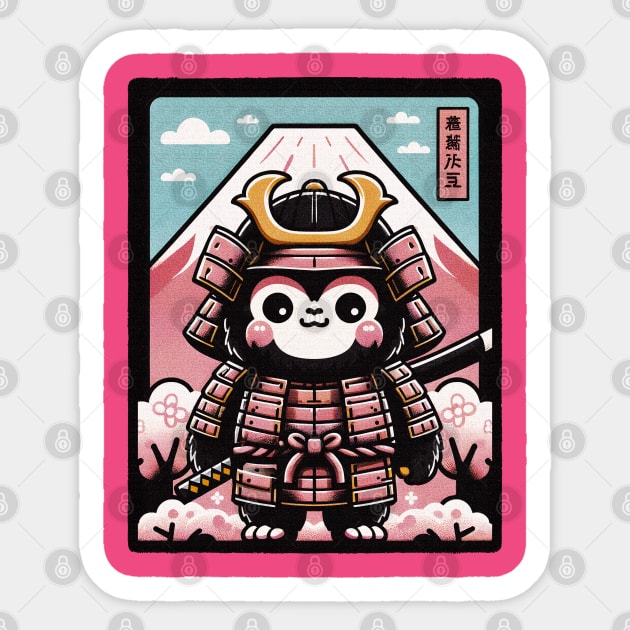 Cute cartoon Kawaii a stout gorilla samurai armor fuji mount blossom Sticker by EmuftyDesign